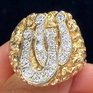 Appraised $8995 14K 1.5ct F/VS1 round diamond Double Horseshoe nugget ring 27.5g